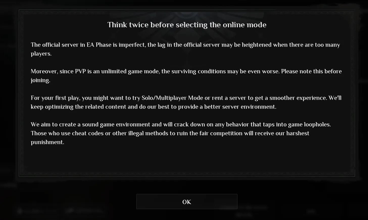 Soulmask online mode warning dialog with OK button visible