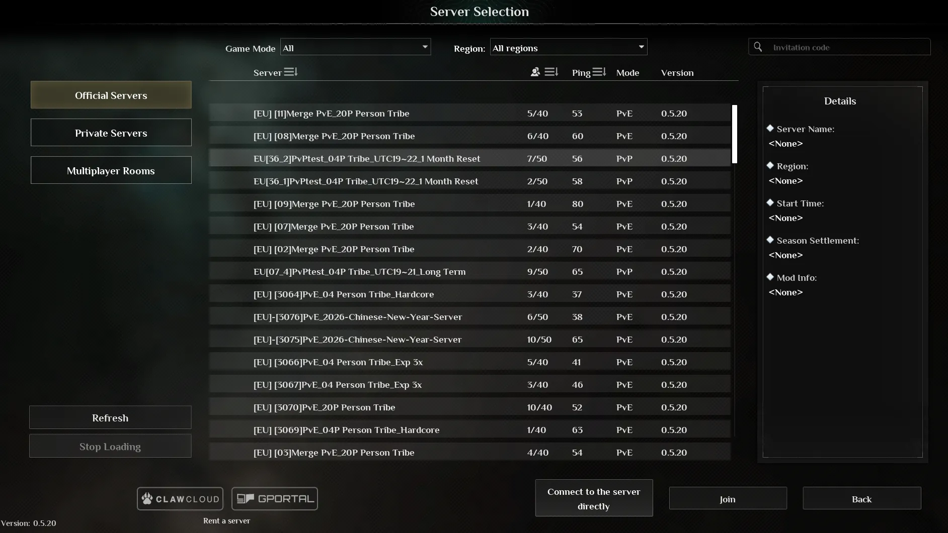 Soulmask server selection screen with the direct connect option visible