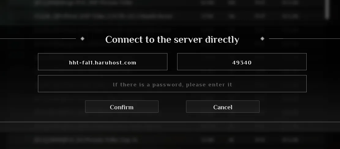 Soulmask direct connect dialog with host, port, and password fields filled in