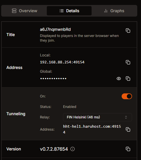 Game server details tab showing the tunnel toggle in the Tunneling section