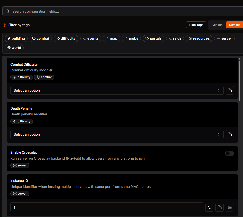 Valheim Auto Config dashboard in HaruHost showing network, server config, player lists, and Thunderstore cards