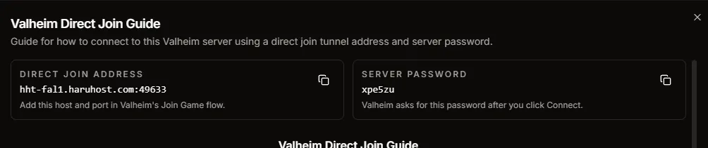 Valheim Direct Join Guide in HaruHost showing the direct join address and server password cards