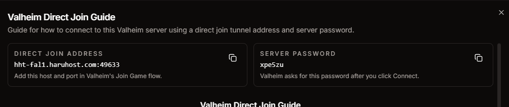 Valheim Direct Join Guide in HaruHost showing the direct join address and server password cards
