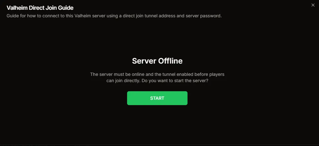 Valheim Direct Join Guide showing the Server Offline start prompt