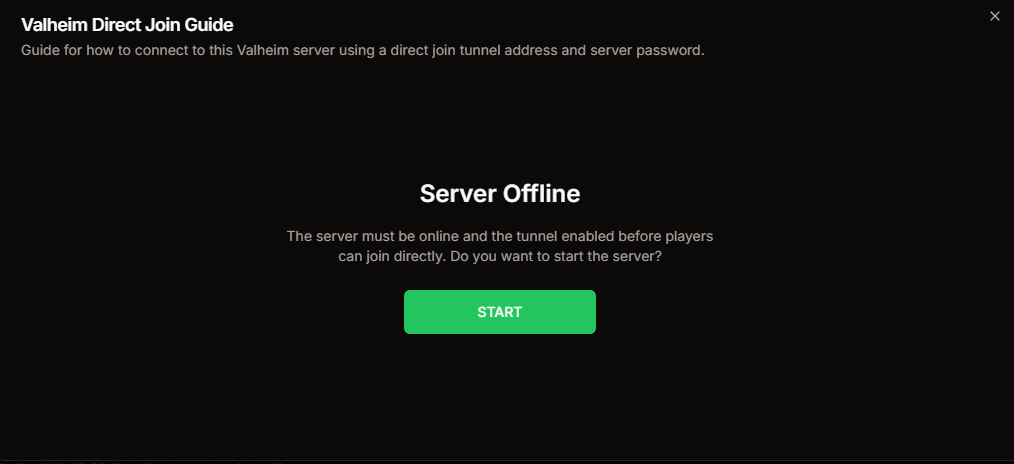 Valheim Direct Join Guide showing the Server Offline start prompt
