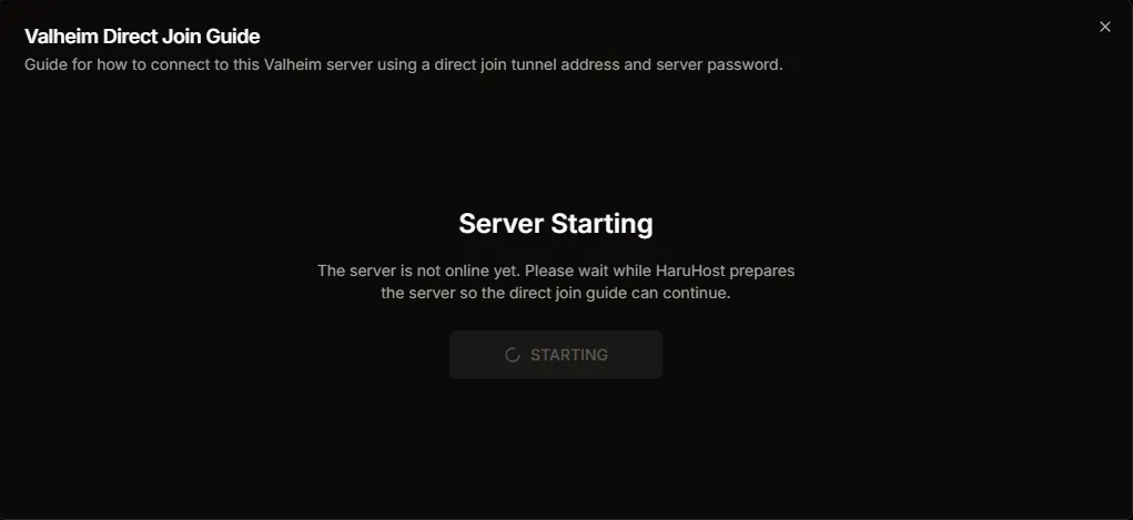 Valheim Direct Join Guide showing the Server Starting state