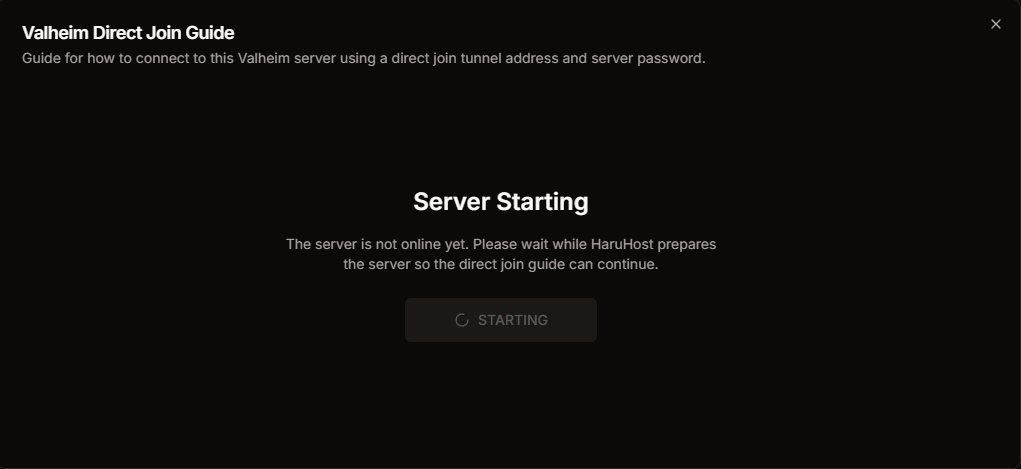Valheim Direct Join Guide showing the Server Starting state