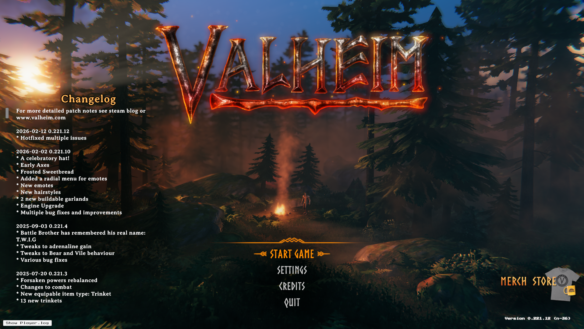 Valheim main menu with Start Game highlighted