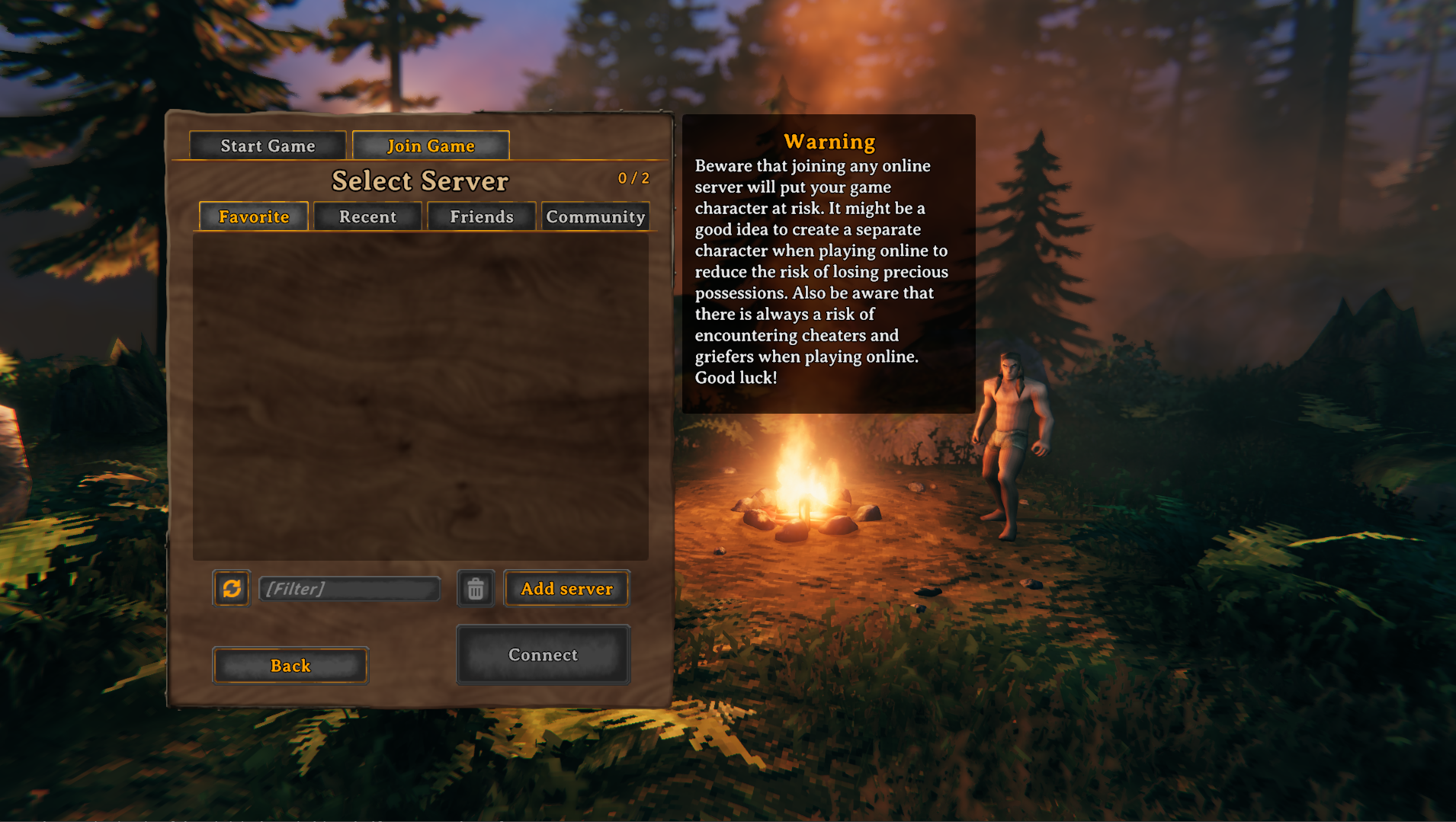 Valheim Select Server screen on the Join Game tab with the Add server button visible