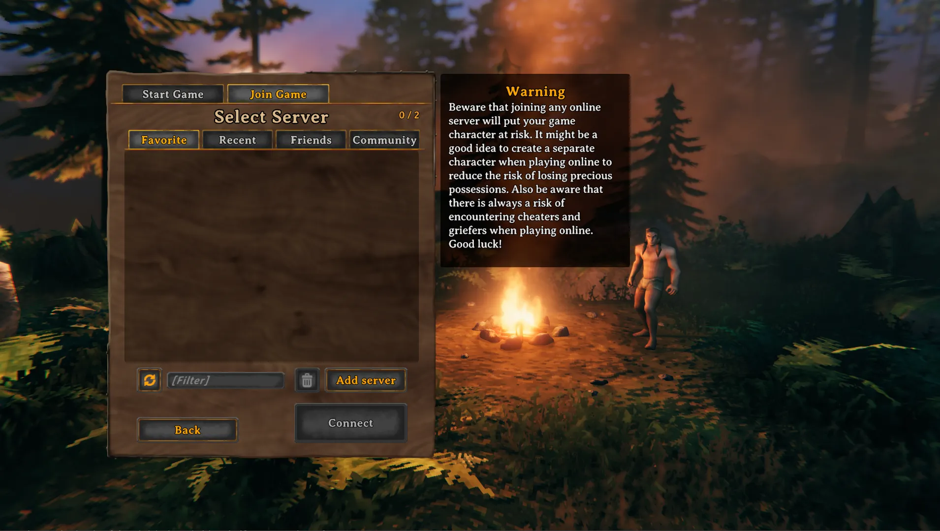Valheim Select Server screen on the Join Game tab with the Add server button visible