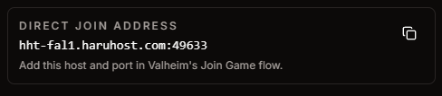 HaruHost Valheim guide showing the direct join address card to copy from