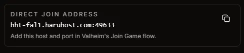 HaruHost Valheim guide showing the direct join address card to copy from