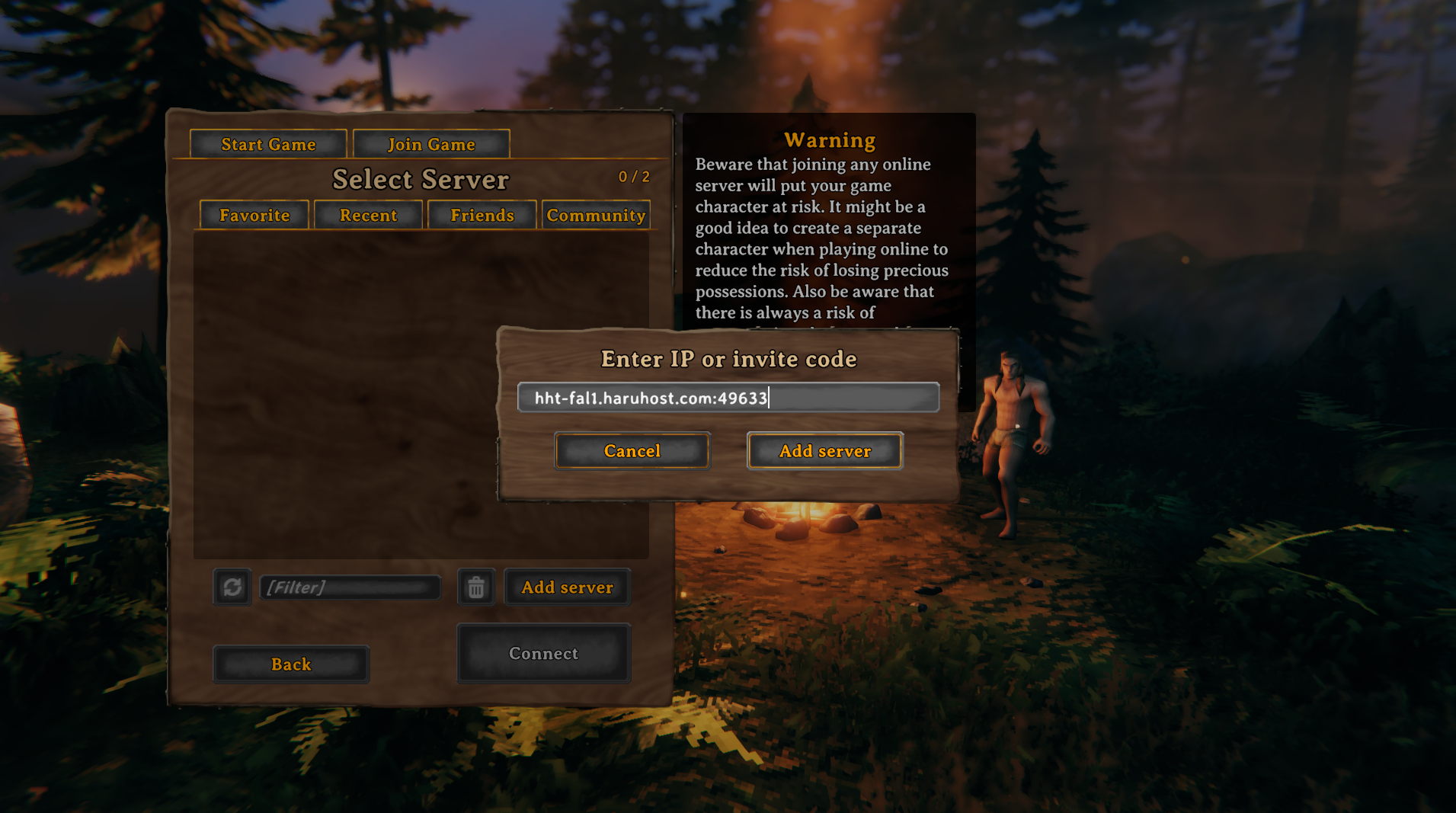 Valheim Add server dialog with a HaruHost tunnel address entered