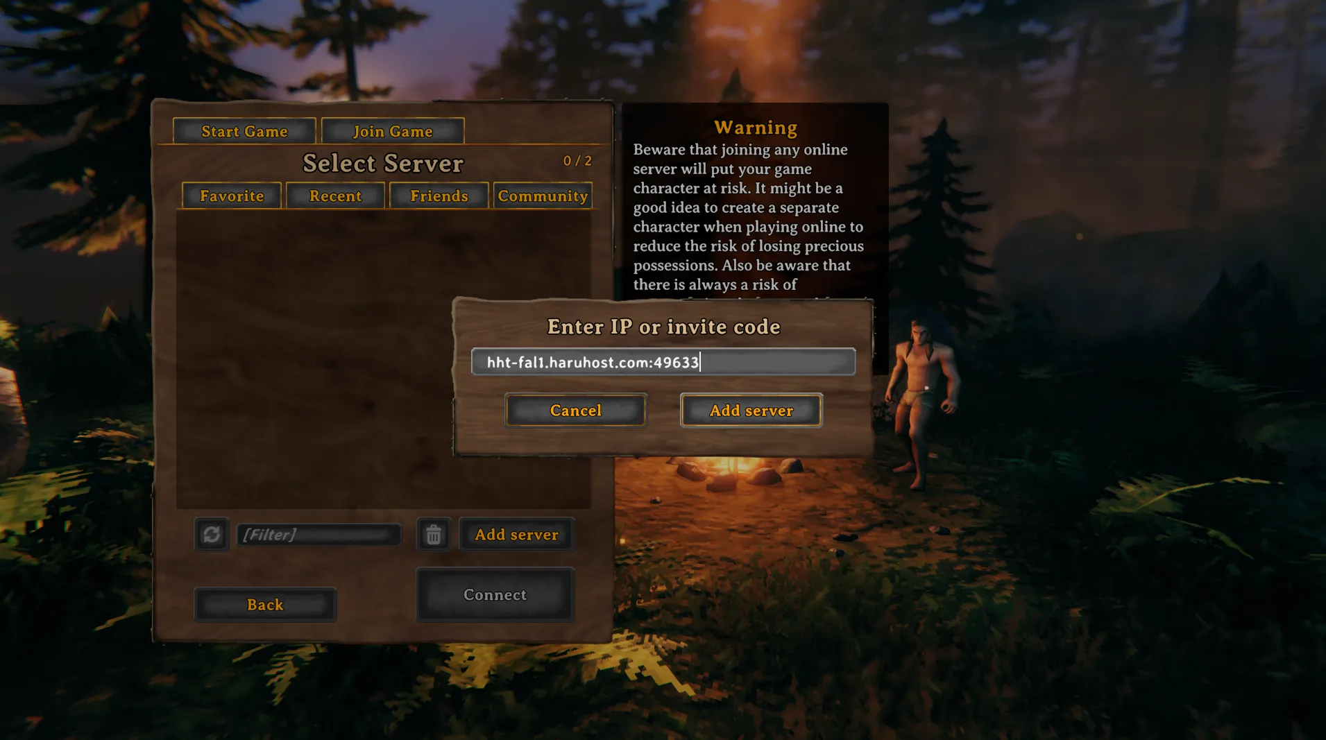 Valheim Add server dialog with a HaruHost tunnel address entered