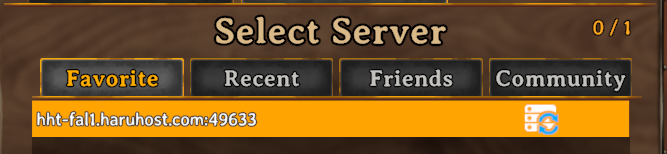 Valheim server browser with a saved HaruHost server selected