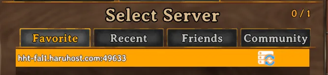 Valheim server browser with a saved HaruHost server selected