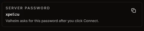 HaruHost Valheim guide showing the server password card to copy from