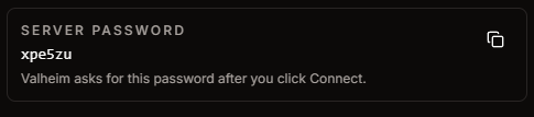HaruHost Valheim guide showing the server password card to copy from