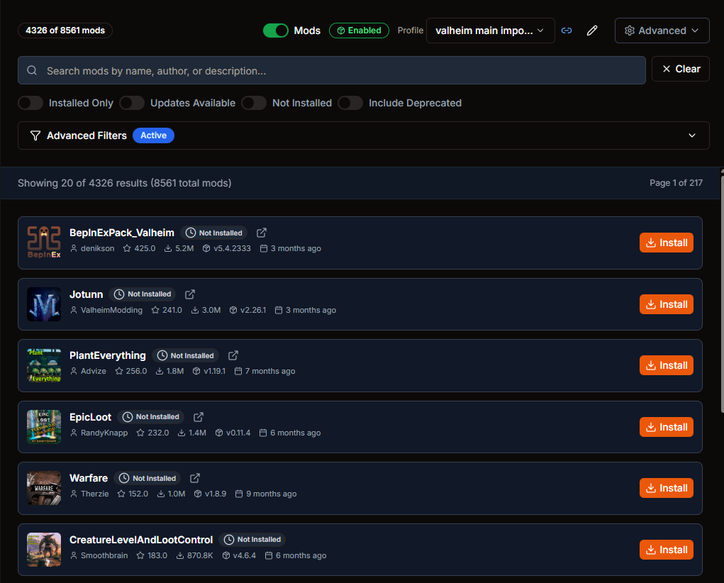 Thunderstore Mod Manager in HaruHost showing a Valheim mod profile and install options