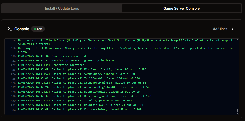 Valheim server console in HaruHost showing live logs and command input