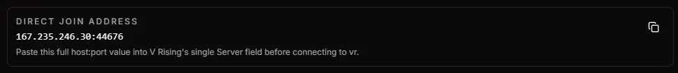 V Rising Direct Connect Guide in HaruHost showing the direct join address card