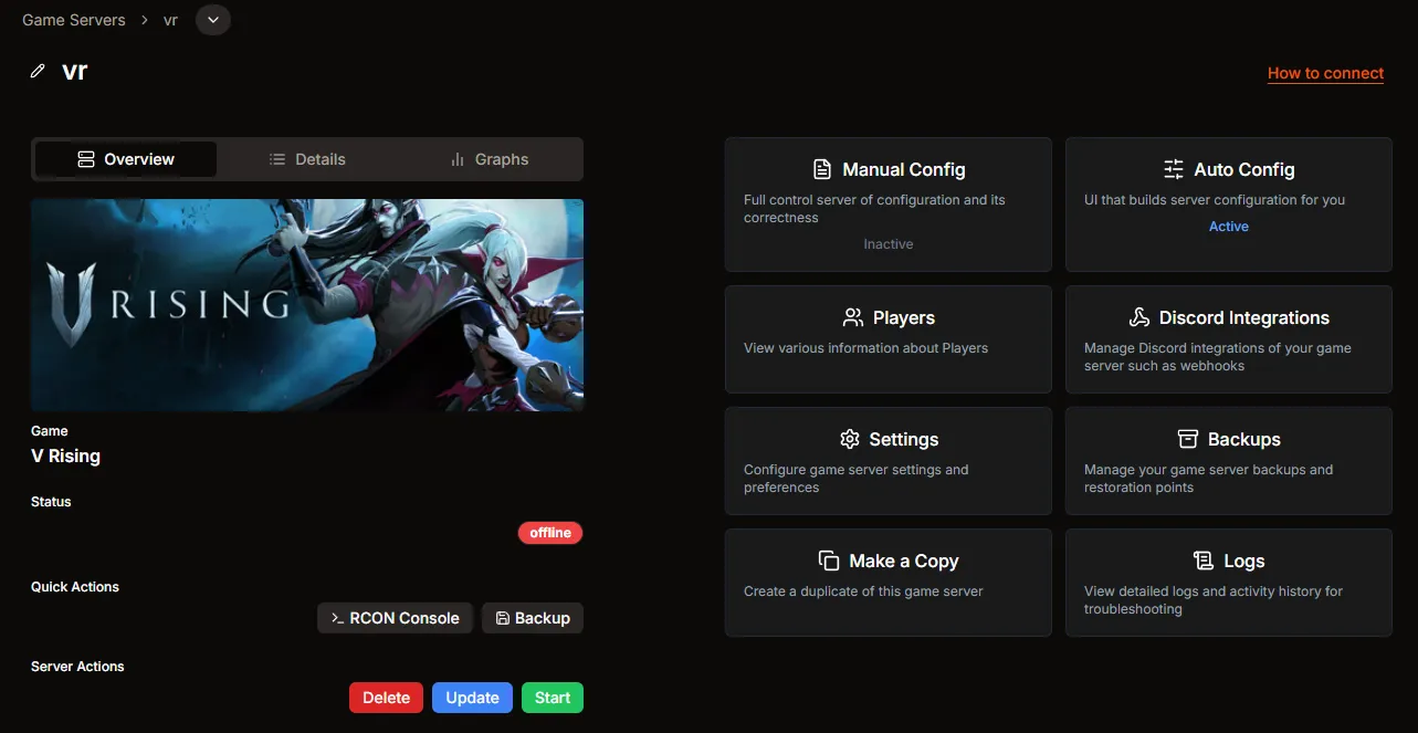 V Rising server overview page in HaruHost with the How to connect action visible