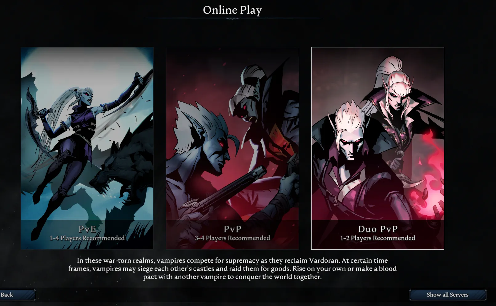 V Rising Online Play screen with PvE, PvP, Duo PvP, and Show all Servers visible