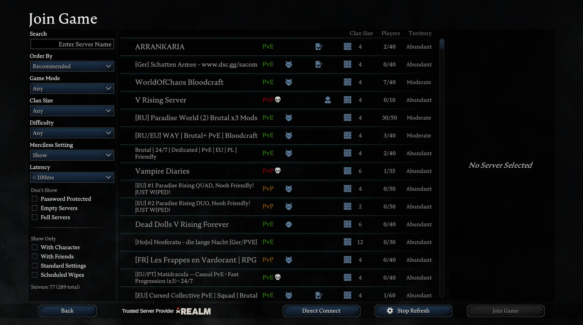 V Rising Join Game browser with Direct Connect visible at the bottom center