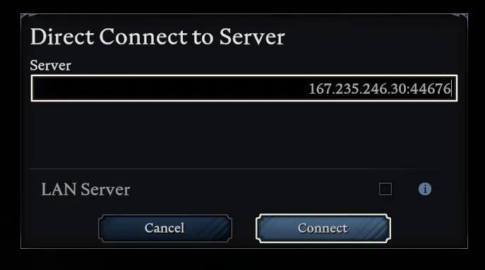 V Rising Direct Connect dialog with a full host and port entered in the Server field