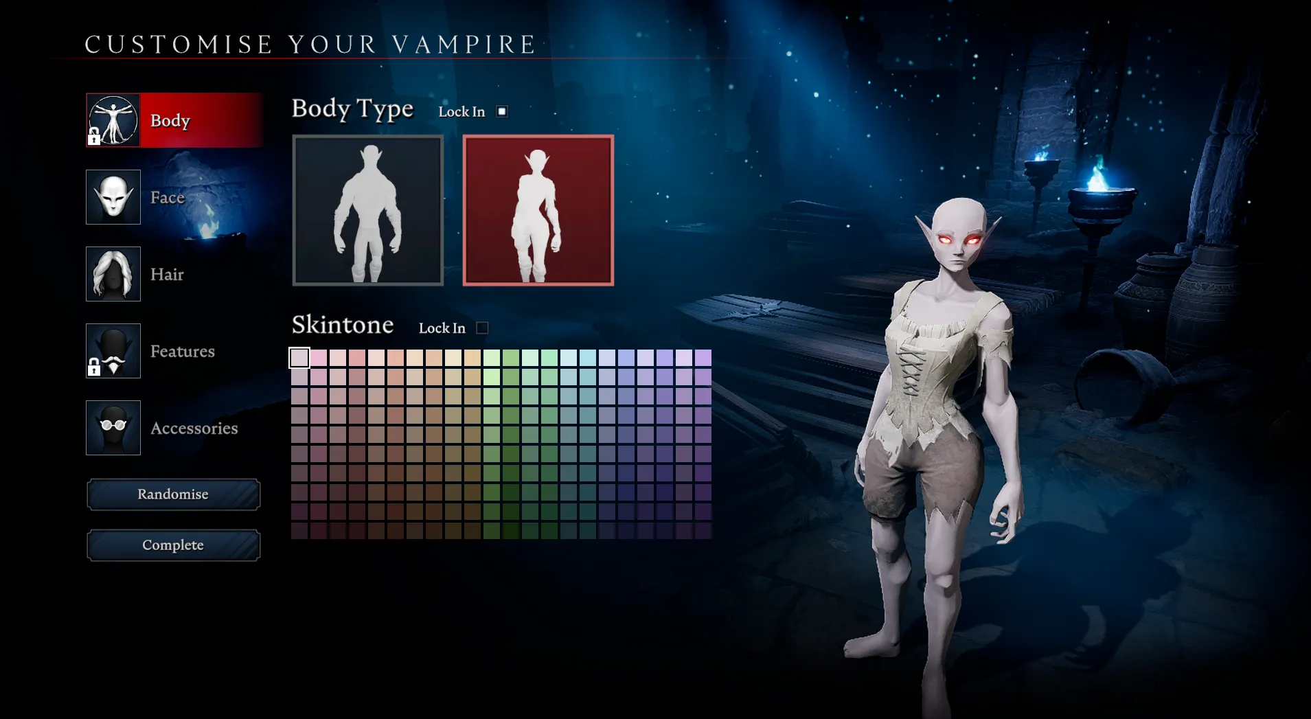 V Rising character customization screen after joining a server