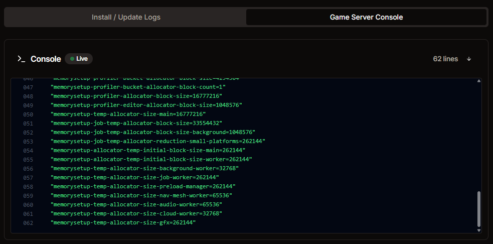V Rising server console in HaruHost showing live logs and command input
