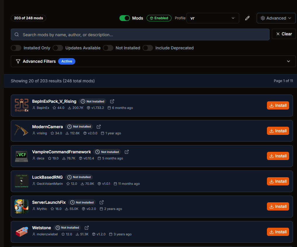 V Rising Thunderstore Mod Manager in HaruHost with mod profile and install options