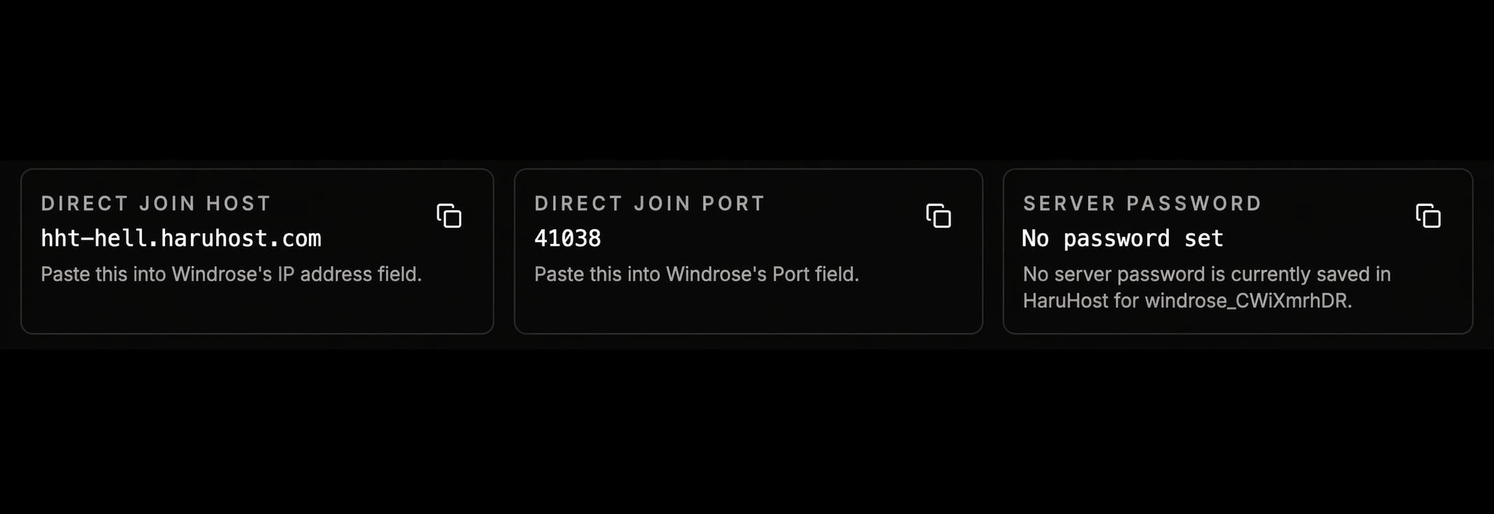 HaruHost Windrose guide showing the direct join host, direct join port, and server password cards