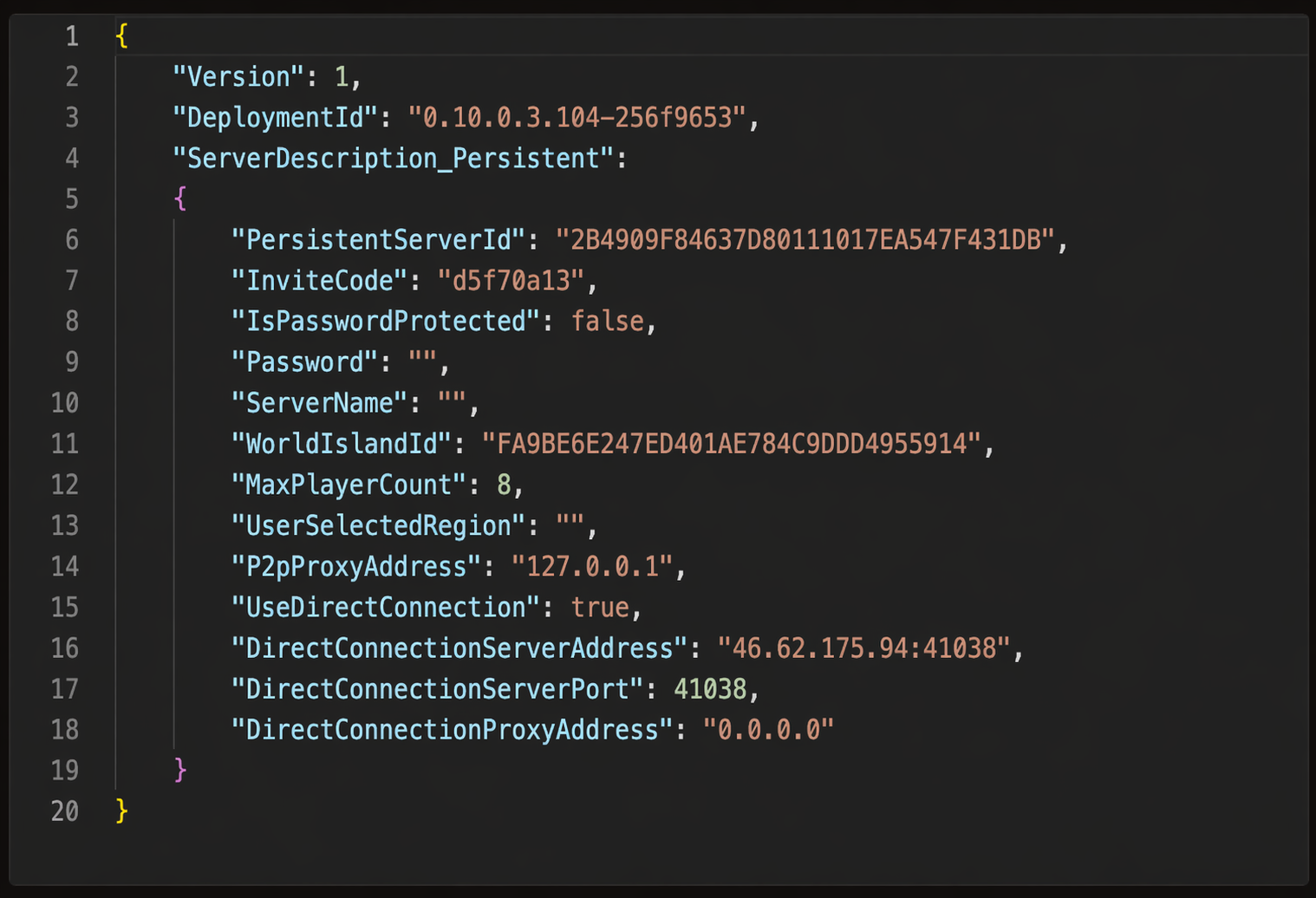 ServerDescription.json open in a code editor with Windrose direct connection settings visible
