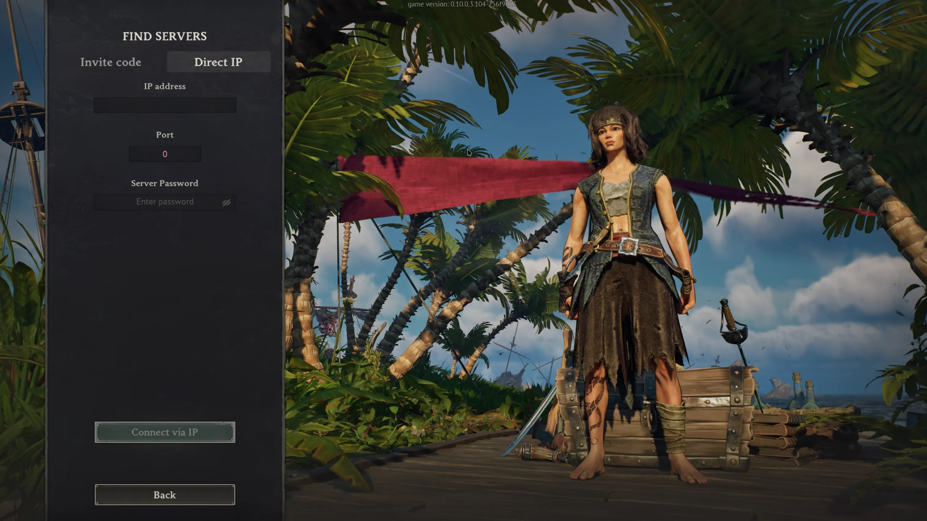 Windrose Find Servers screen with the Direct IP tab selected