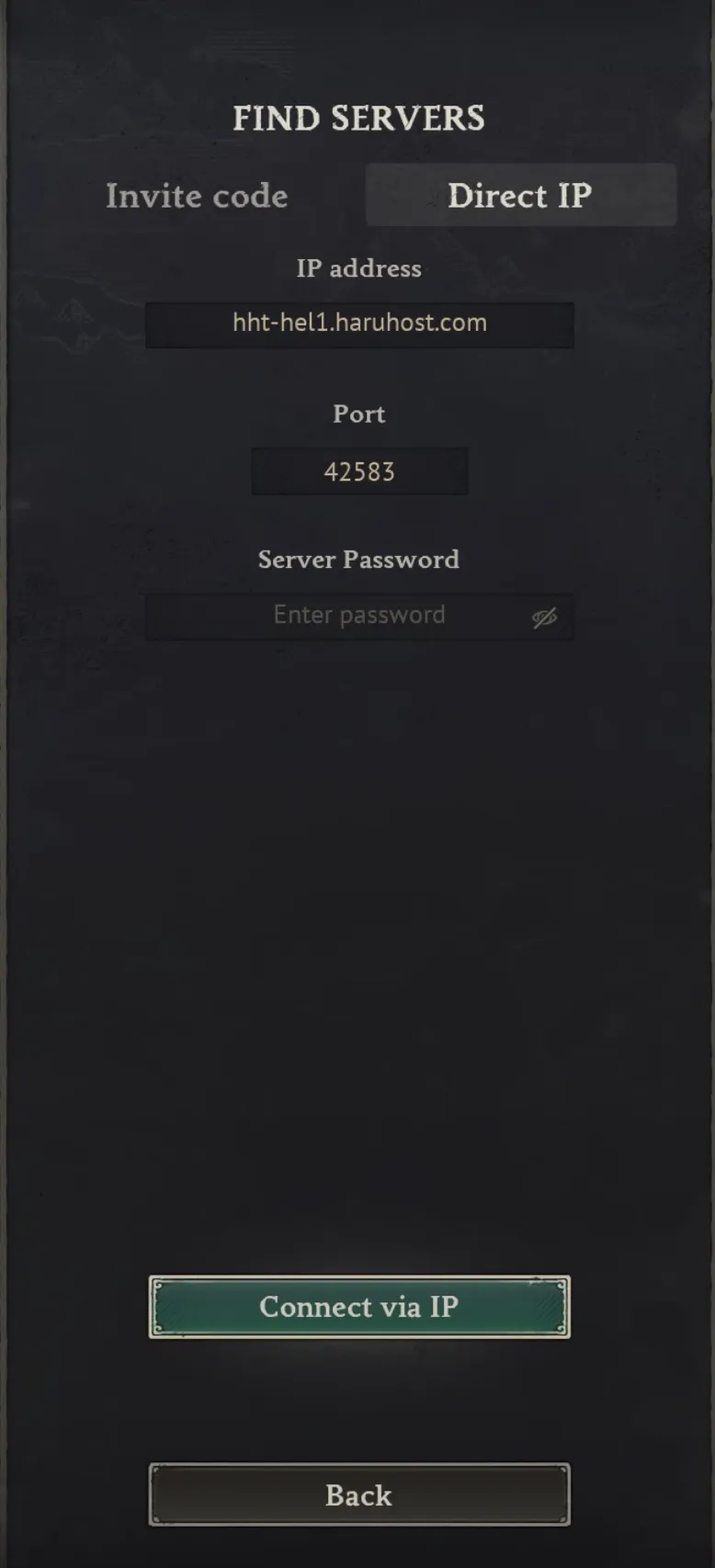 Windrose Direct IP form with the IP address and port fields filled in