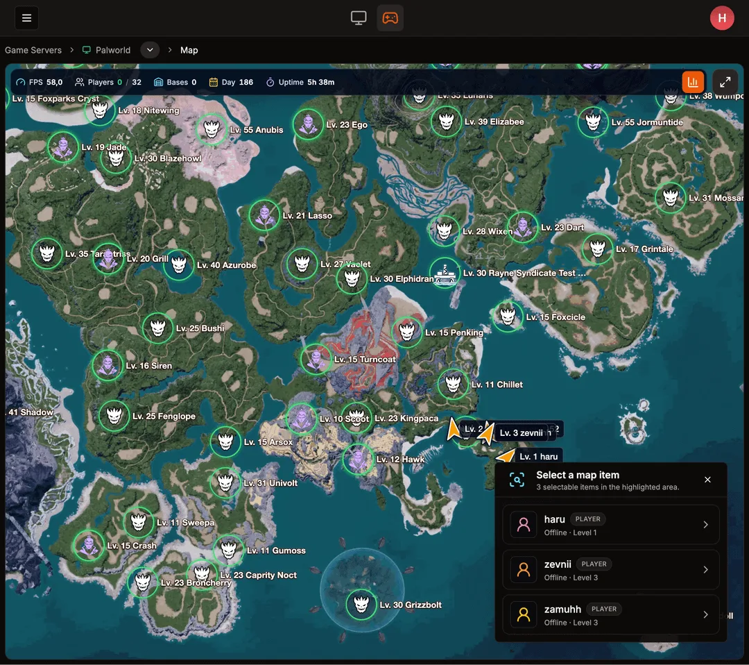HaruHost's Palworld map in the web panel: bosses and their levels across the world, players by name and level, and the server's FPS, players, bases, in-game day and uptime